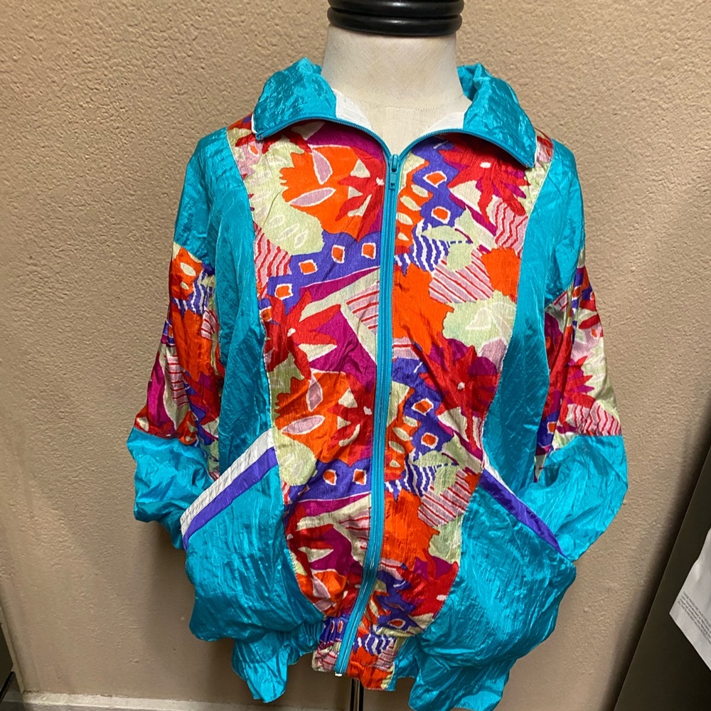 Laura Katherine Vintage Windbreaker Women’s Small-Multicolor Shapes on Turquoise